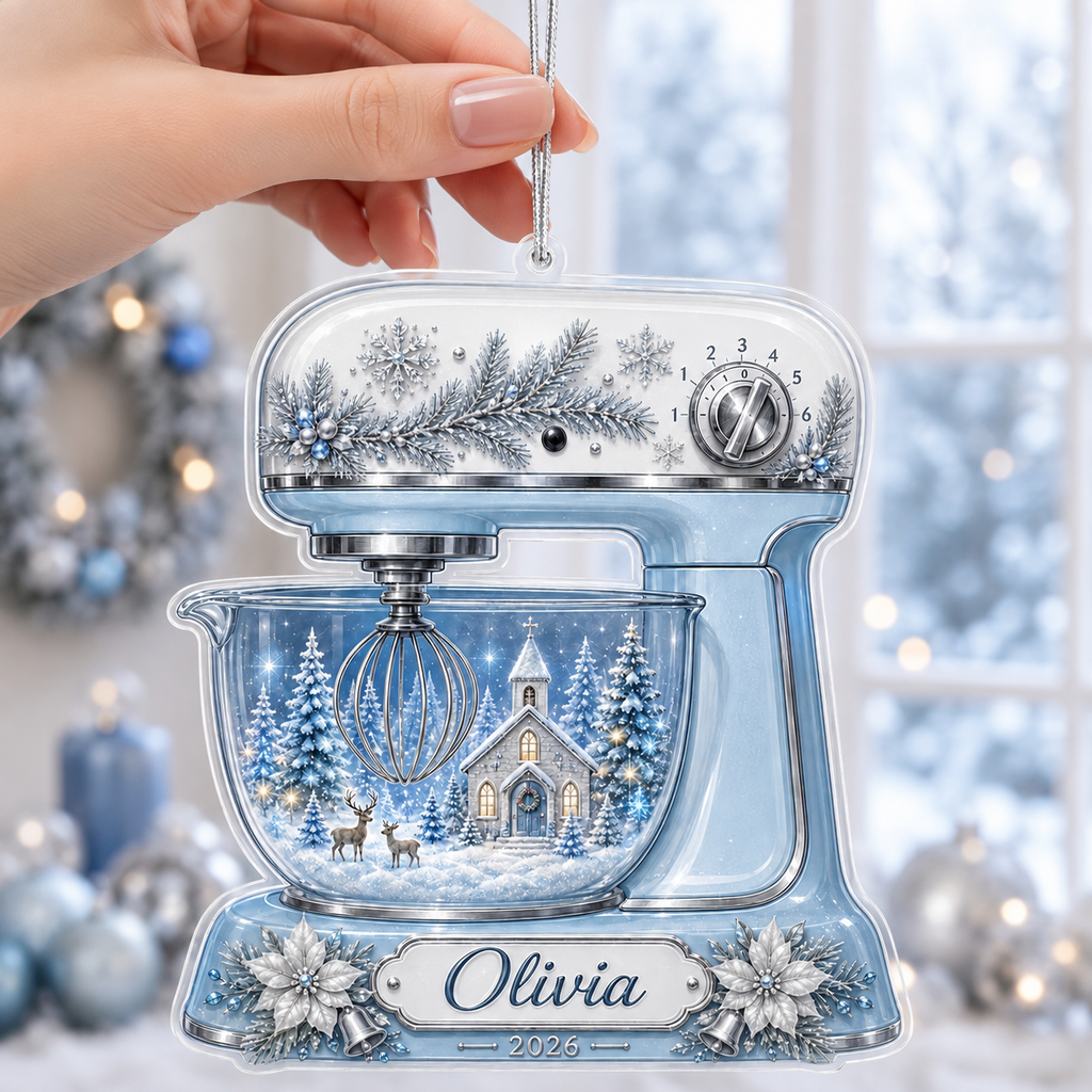 Personalized Blue Stand Mixer Acrylic Ornament – Custom Name & Year Christmas Baking Keepsake