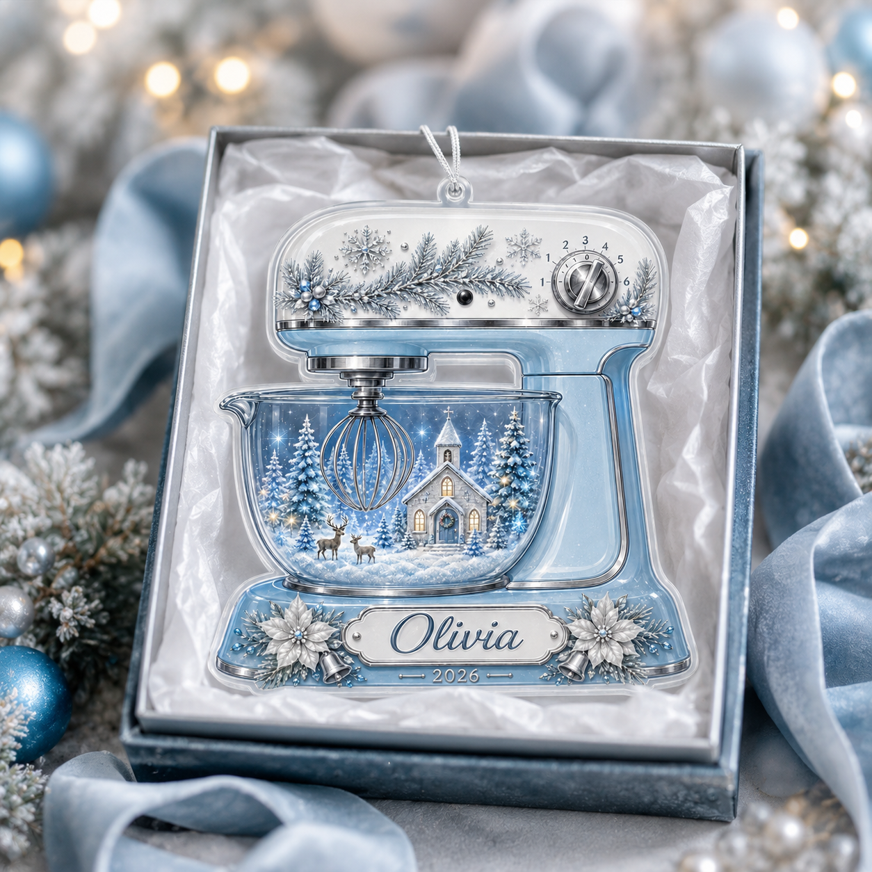 Personalized Blue Stand Mixer Acrylic Ornament – Custom Name & Year Christmas Baking Keepsake