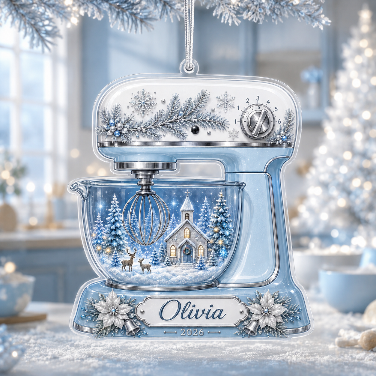 Personalized Blue Stand Mixer Acrylic Ornament – Custom Name & Year Christmas Baking Keepsake