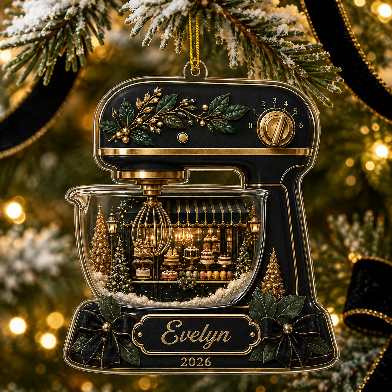 Personalized Black & Gold Stand Mixer Acrylic Ornament – Custom Name & Year Christmas Gift