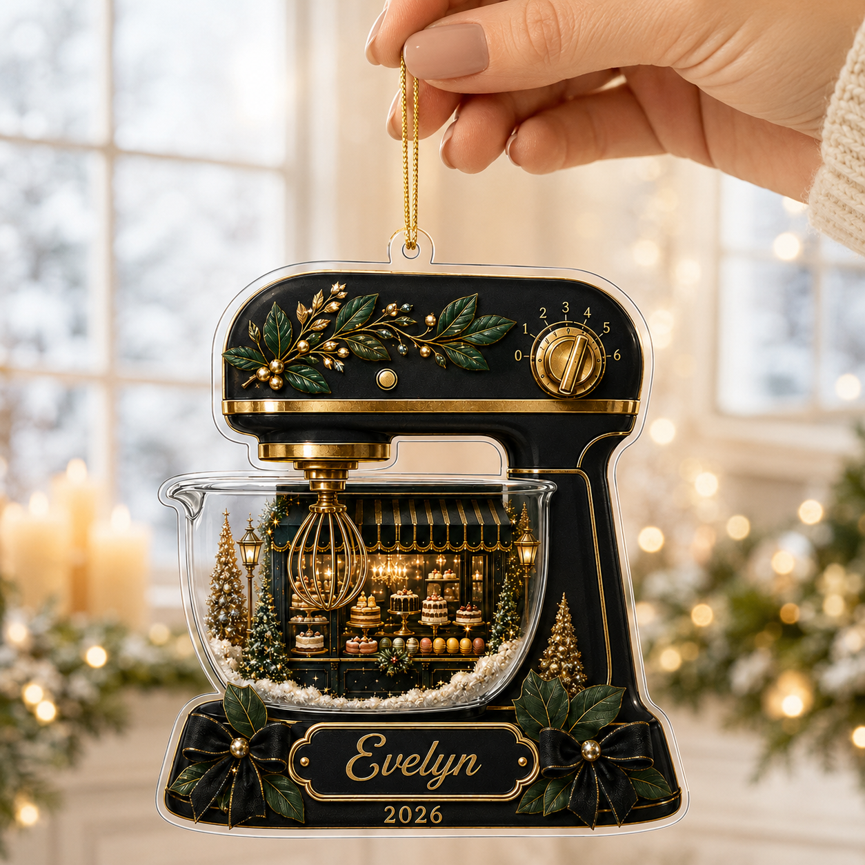 Personalized Black & Gold Stand Mixer Acrylic Ornament – Custom Name & Year Christmas Gift
