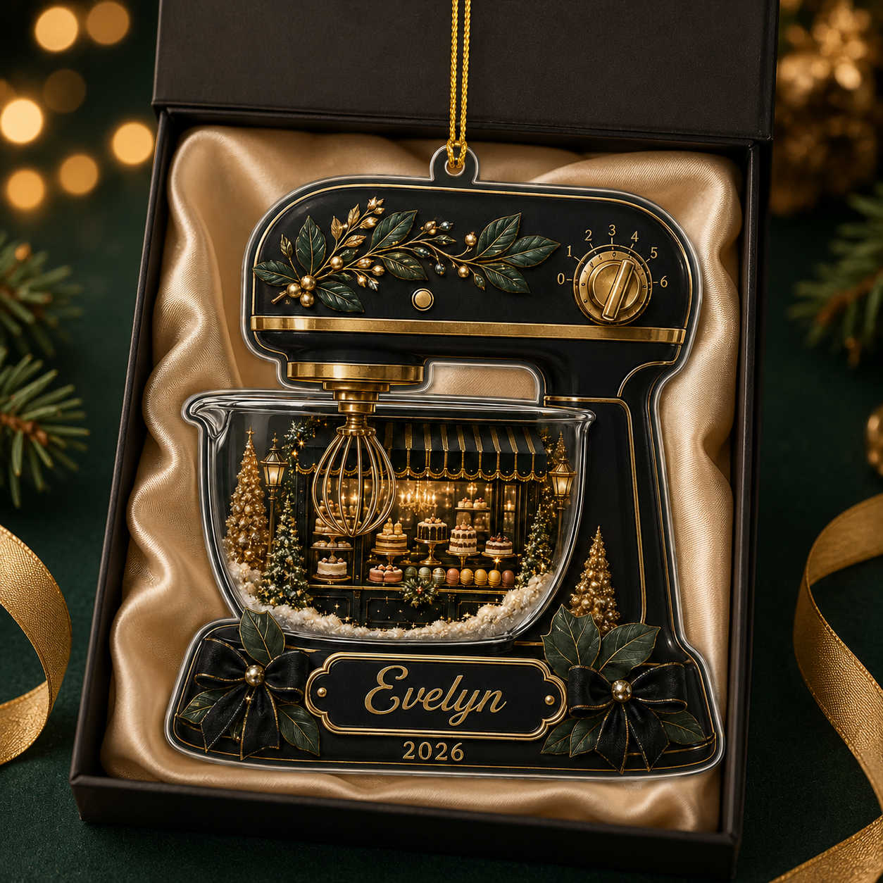Personalized Black & Gold Stand Mixer Acrylic Ornament – Custom Name & Year Christmas Gift