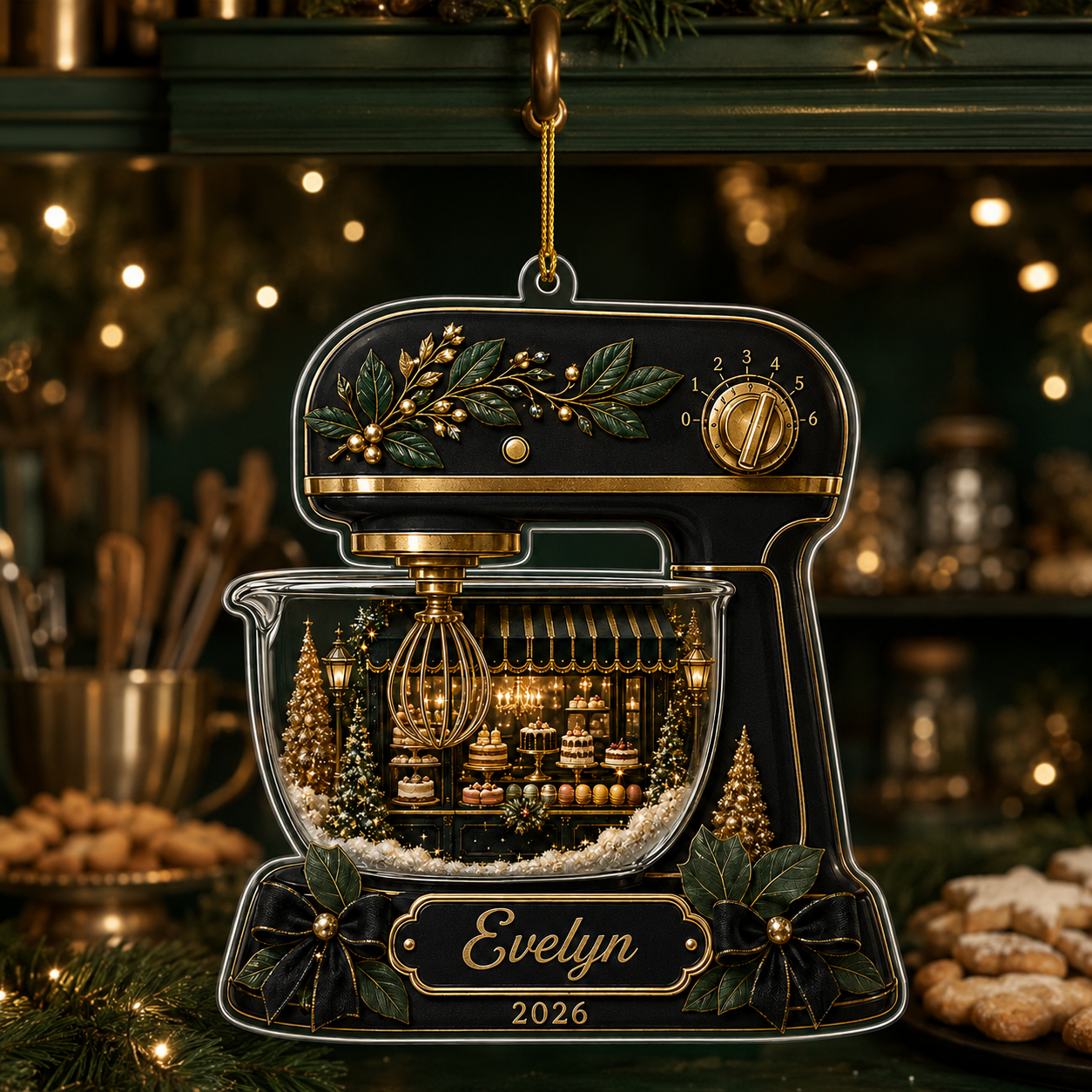 Personalized Black & Gold Stand Mixer Acrylic Ornament – Custom Name & Year Christmas Gift