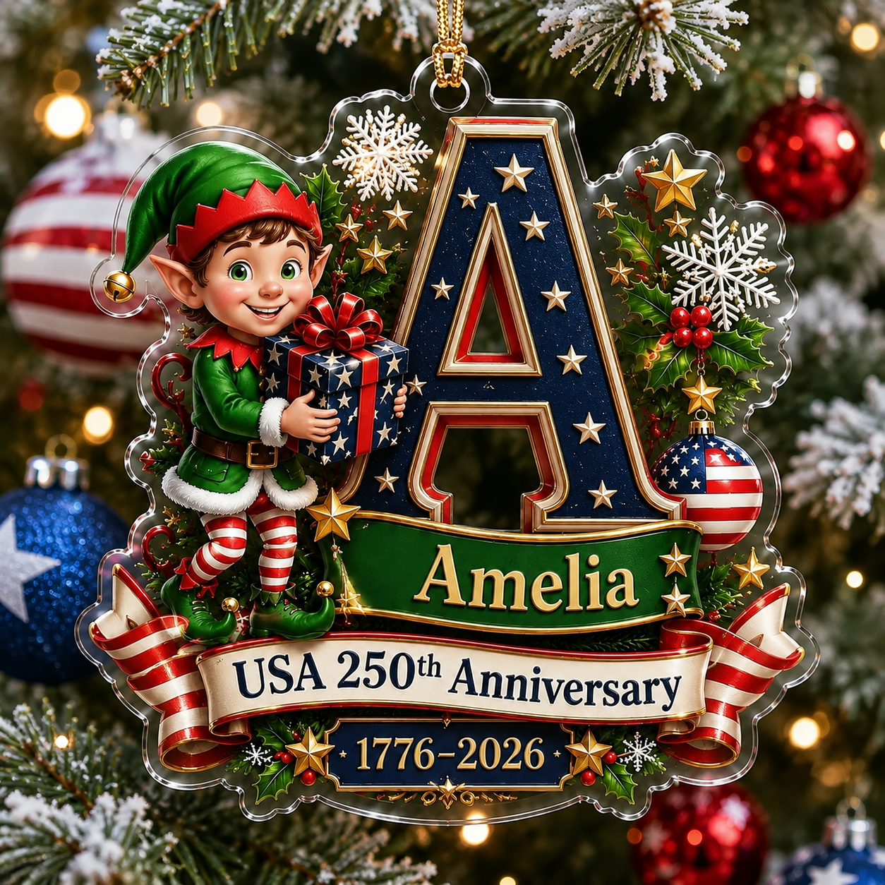 Personalized USA 250th Anniversary Christmas Acrylic Ornament – Custom Name & Initial 1776–2026