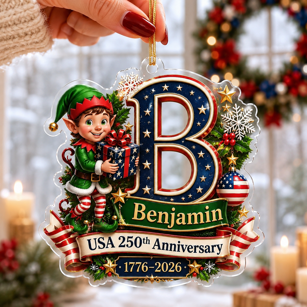 Personalized USA 250th Anniversary Christmas Acrylic Ornament – Custom Name & Initial 1776–2026