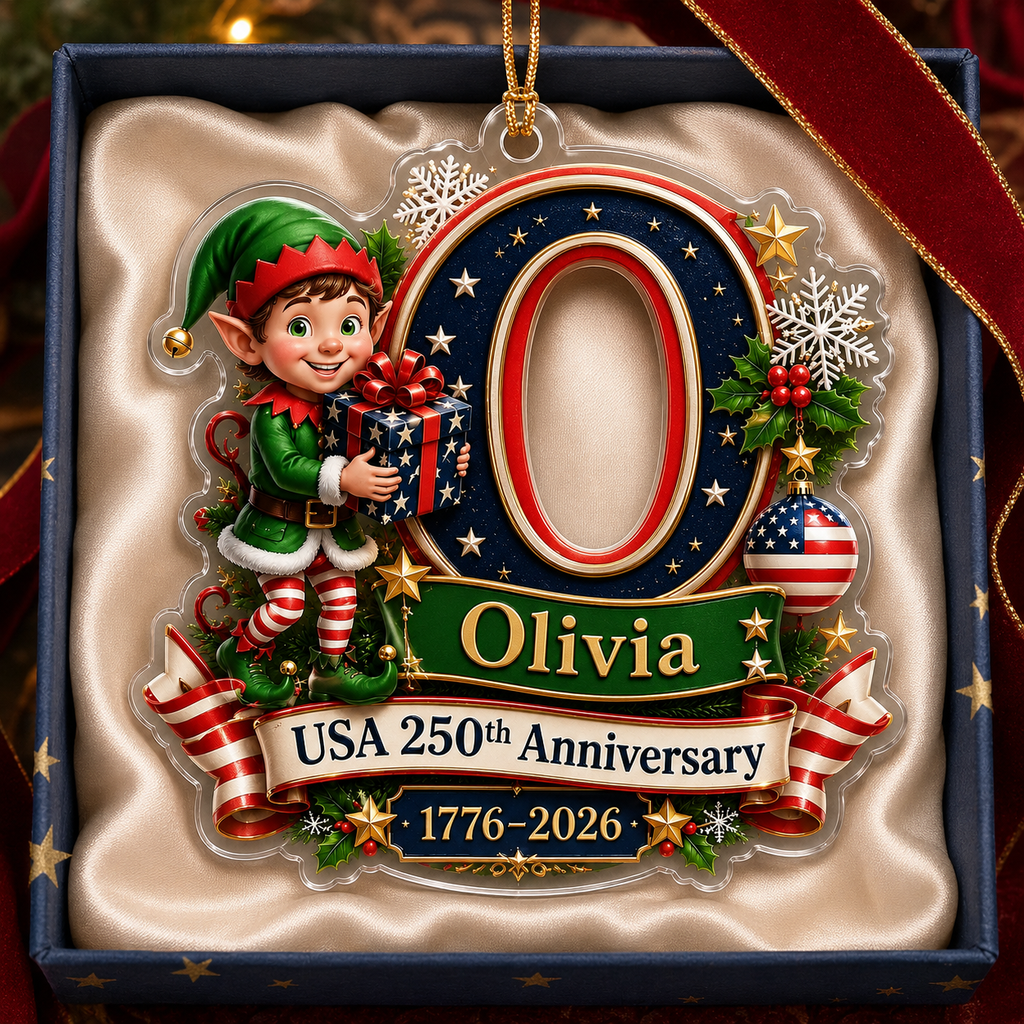 Personalized USA 250th Anniversary Christmas Acrylic Ornament – Custom Name & Initial 1776–2026