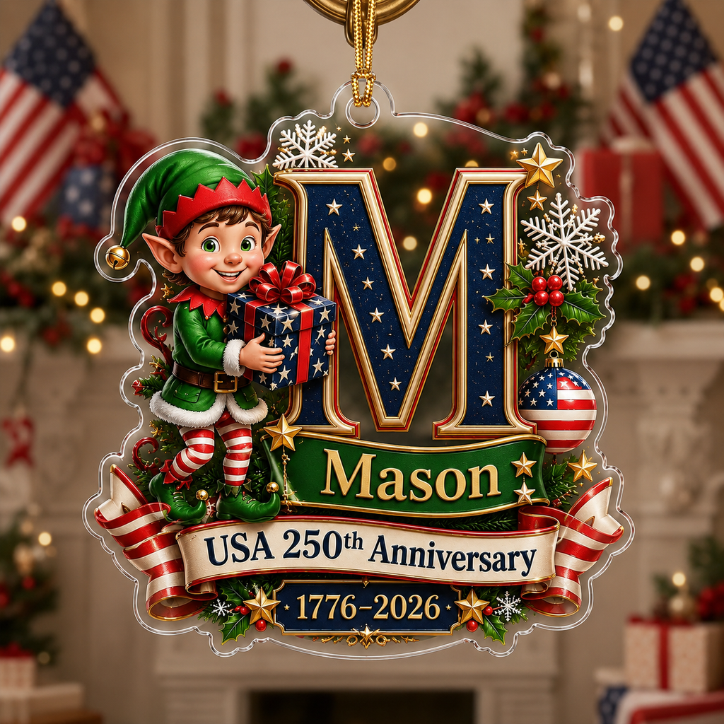 Personalized USA 250th Anniversary Christmas Acrylic Ornament – Custom Name & Initial 1776–2026