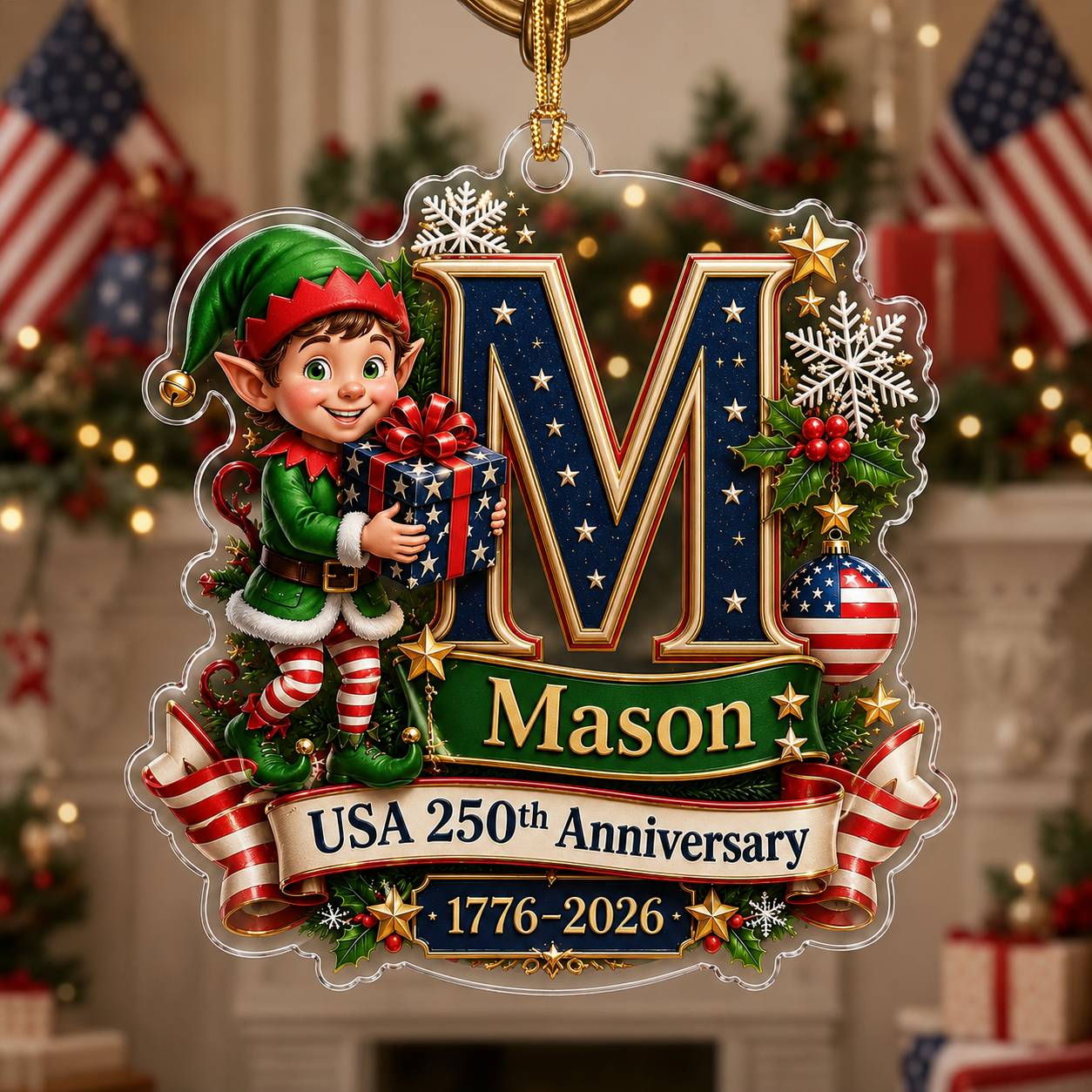 Personalized USA 250th Anniversary Christmas Acrylic Ornament – Custom Name & Initial 1776–2026