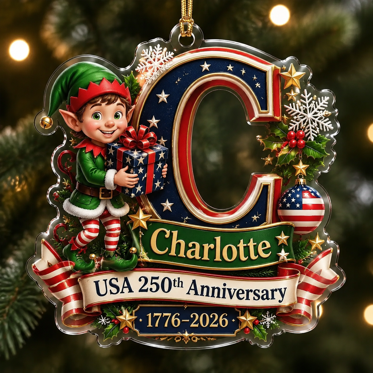 Personalized USA 250th Anniversary Christmas Acrylic Ornament – Custom Name & Initial 1776–2026