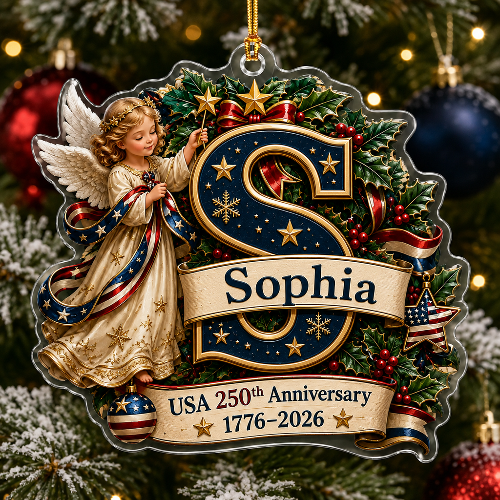 Personalized USA 250th Anniversary Christmas Angel Acrylic Ornament – Custom Name & Initial 1776–2026