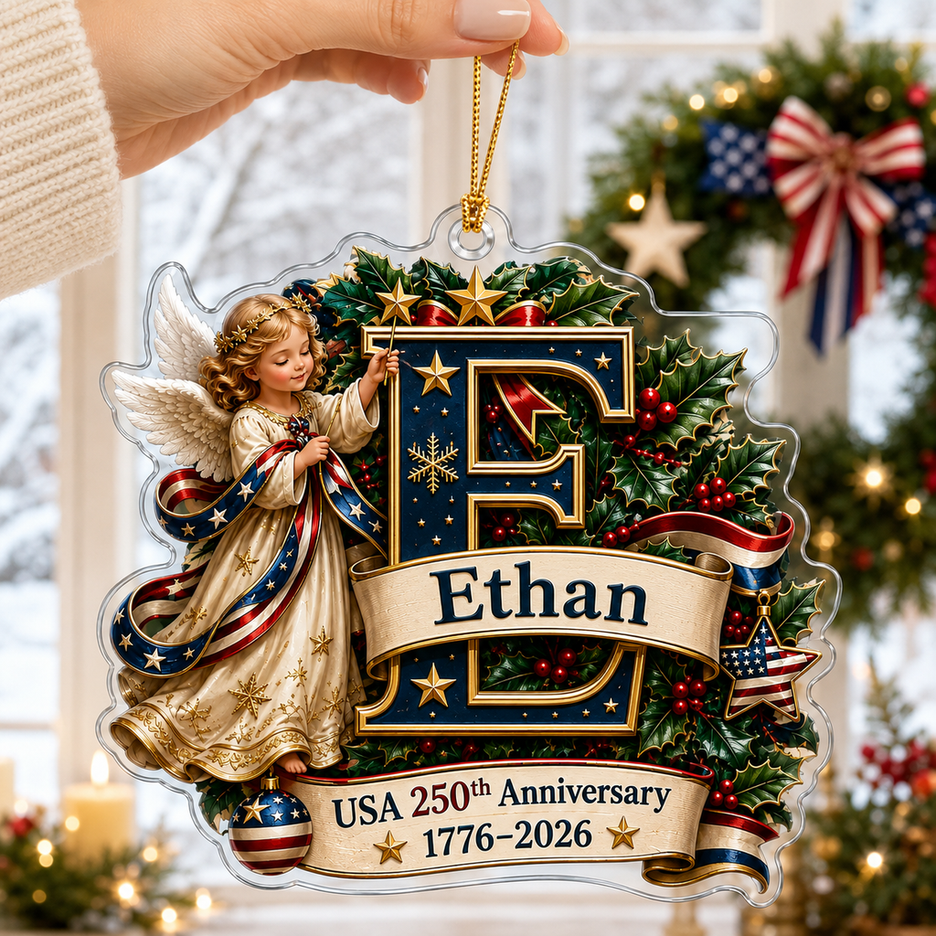 Personalized USA 250th Anniversary Christmas Angel Acrylic Ornament – Custom Name & Initial 1776–2026