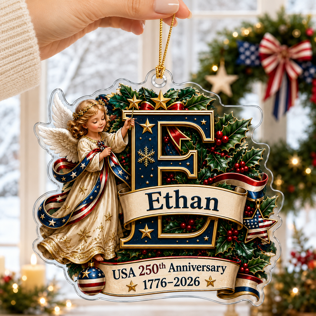Personalized USA 250th Anniversary Christmas Angel Acrylic Ornament – Custom Name & Initial 1776–2026