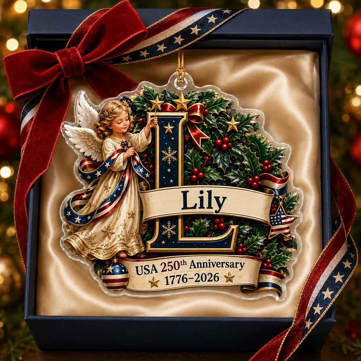 Personalized USA 250th Anniversary Christmas Angel Acrylic Ornament – Custom Name & Initial 1776–2026