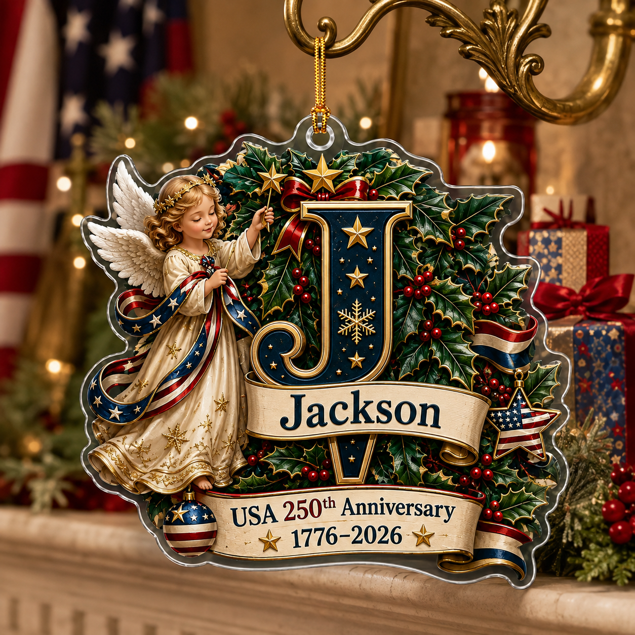 Personalized USA 250th Anniversary Christmas Angel Acrylic Ornament – Custom Name & Initial 1776–2026
