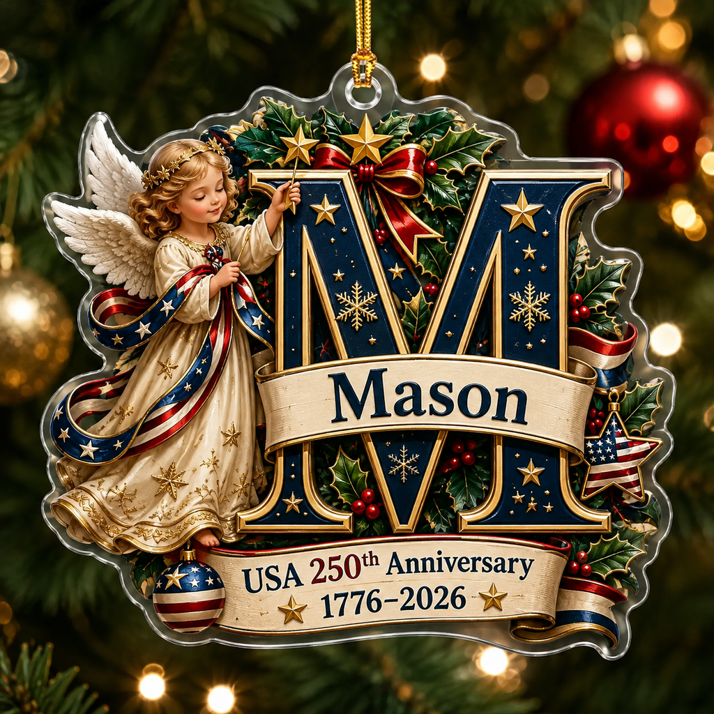 Personalized USA 250th Anniversary Christmas Angel Acrylic Ornament – Custom Name & Initial 1776–2026