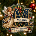 Personalized USA 250th Anniversary Christmas Angel Acrylic Ornament – Custom Name & Initial 1776–2026
