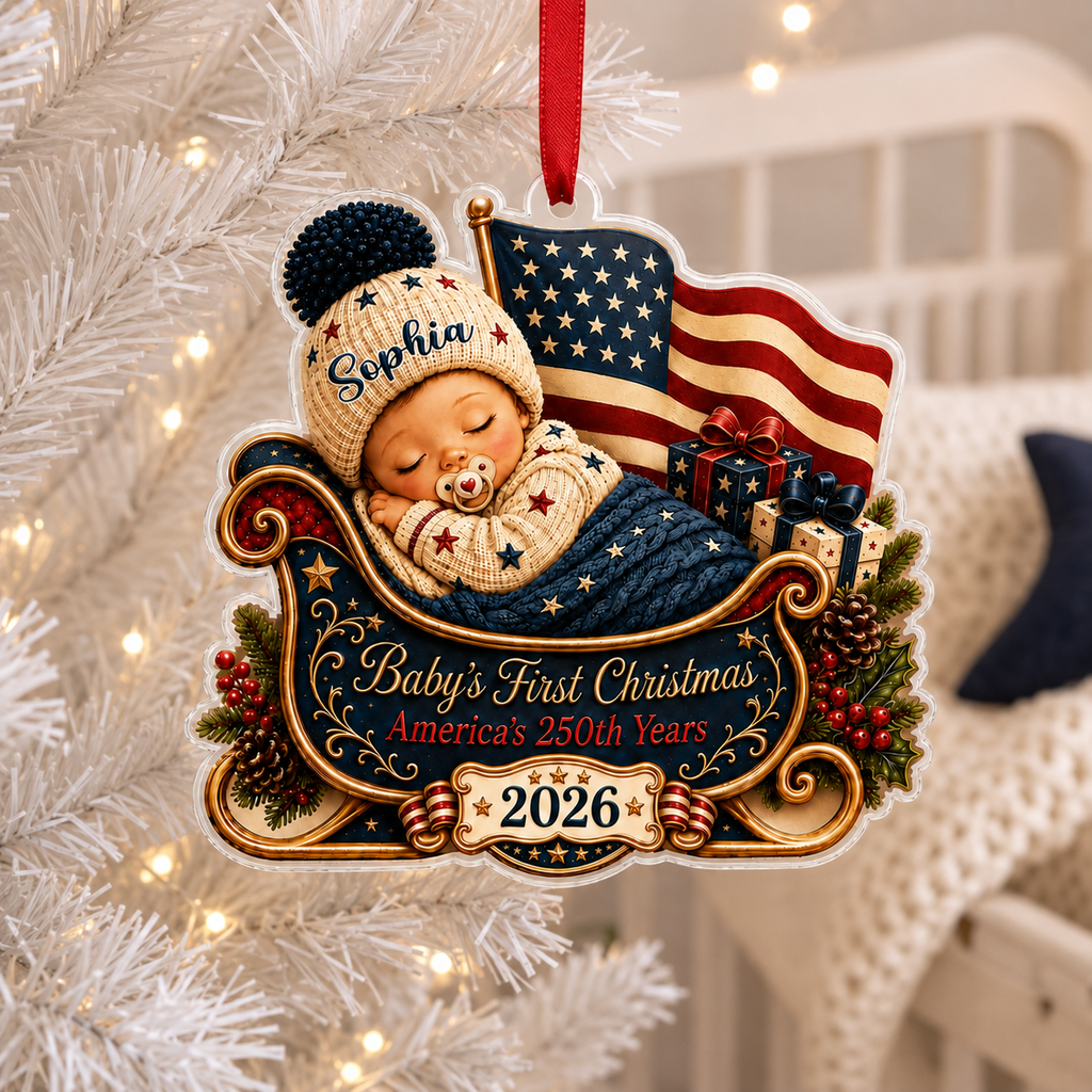 2D Flat Personalized First Christmas 2026 Ornament, America 250th Anniversary Ornament, Newborn Keepsake, New Baby Ornament, Patriotic Ornament