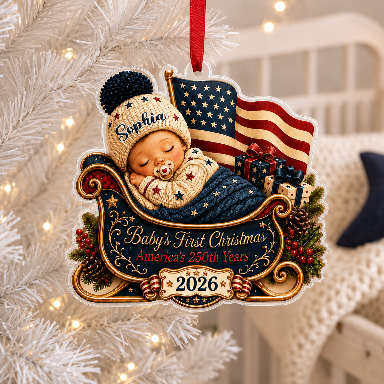 2D Flat Personalized First Christmas 2026 Ornament, America 250th Anniversary Ornament, Newborn Keepsake, New Baby Ornament, Patriotic Ornament