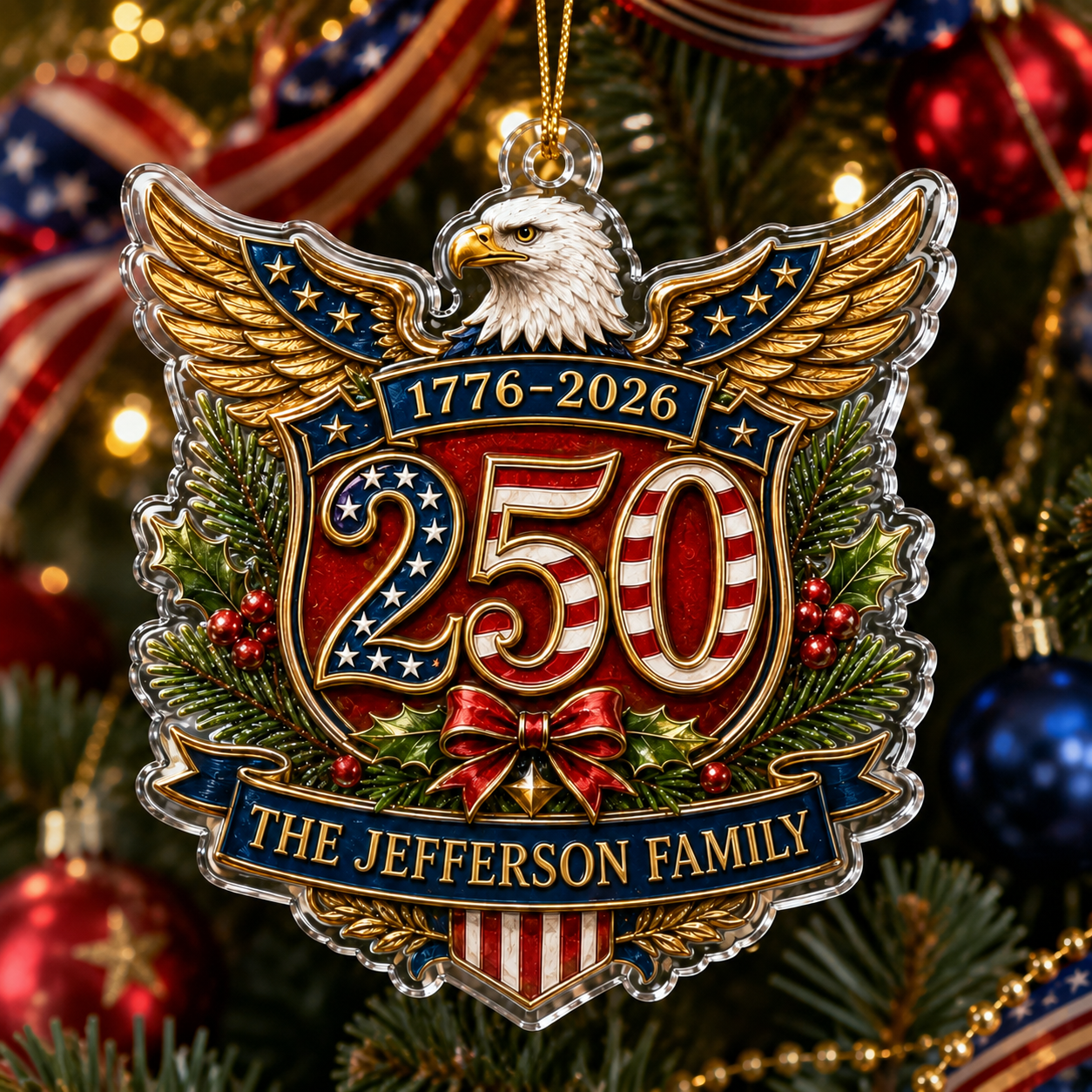 Personalized America 250th Christmas Ornament, Custom Family Name USA Flag Acrylic Ornament, Patriotic Tree Decor, Gift 2026