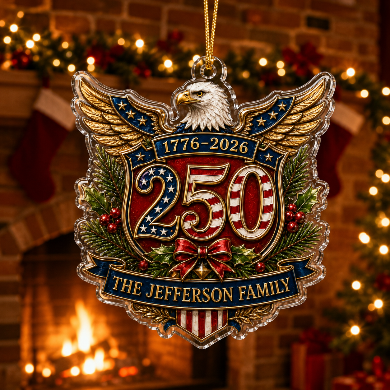 Personalized America 250th Christmas Ornament, Custom Family Name USA Flag Acrylic Ornament, Patriotic Tree Decor, Gift 2026