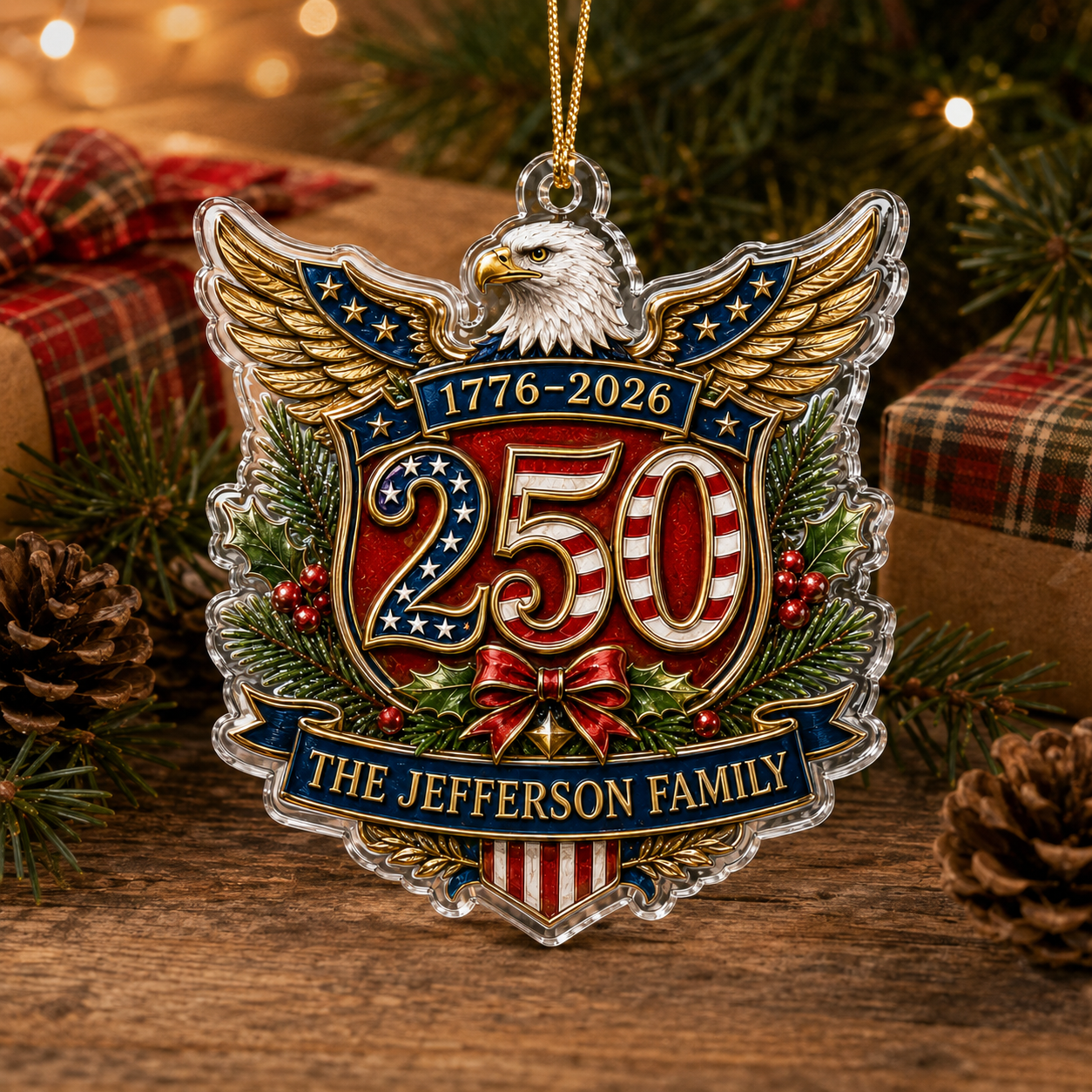 Personalized America 250th Christmas Ornament, Custom Family Name USA Flag Acrylic Ornament, Patriotic Tree Decor, Gift 2026