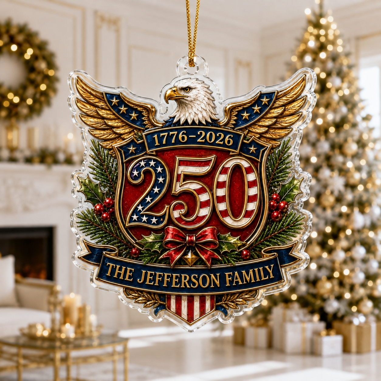 Personalized America 250th Christmas Ornament, Custom Family Name USA Flag Acrylic Ornament, Patriotic Tree Decor, Gift 2026