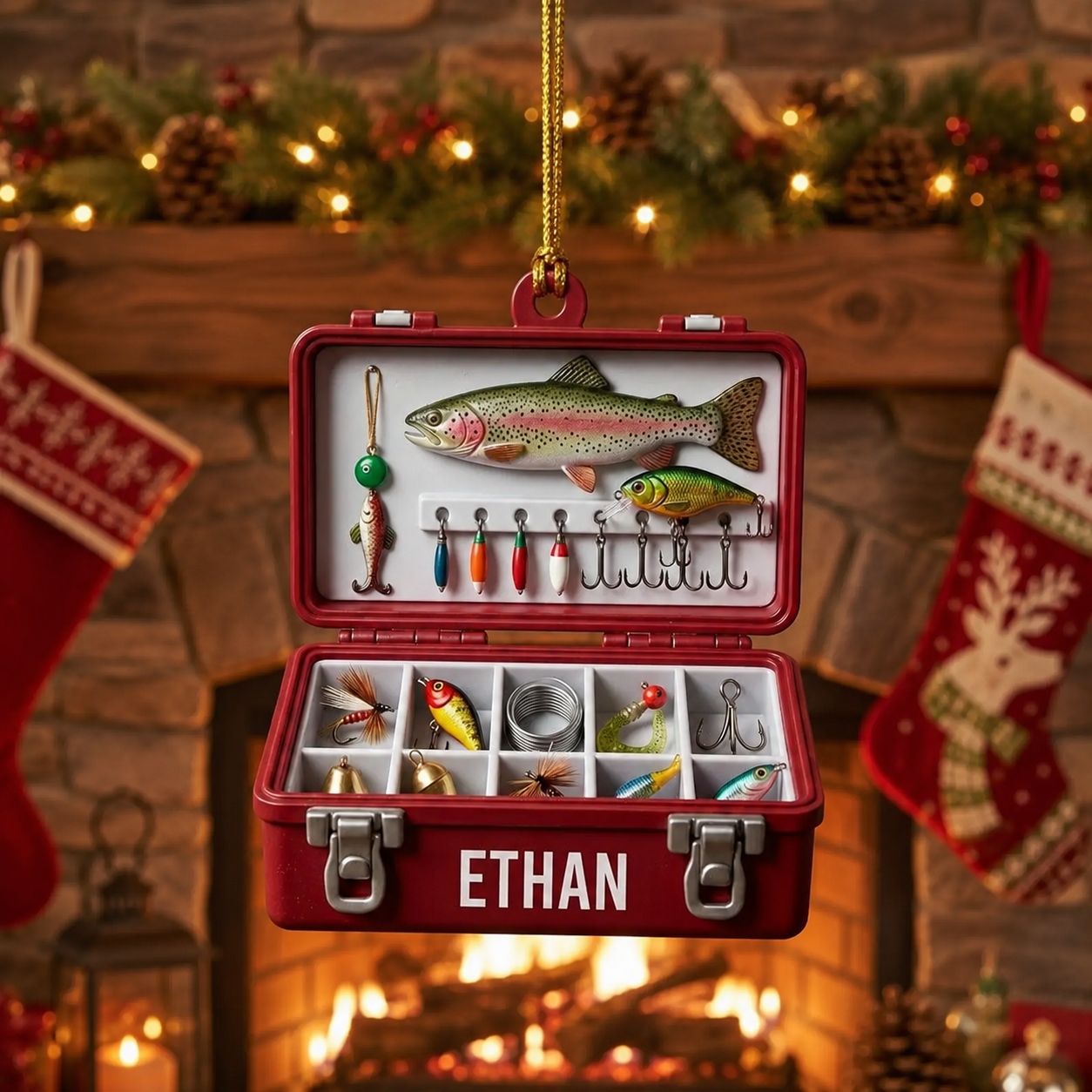Personalized Fishing Tackle Box Ornament, Custom Name Fisherman Christmas Ornament, Fishing Gift for Dad, Husband & Angler