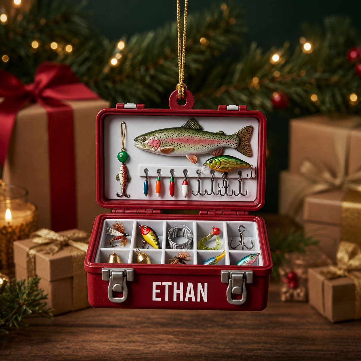 Personalized Fishing Tackle Box Ornament, Custom Name Fisherman Christmas Ornament, Fishing Gift for Dad, Husband & Angler