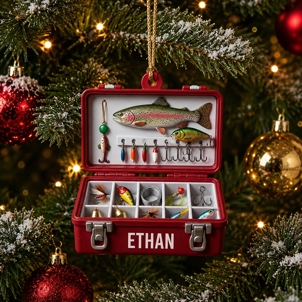 Personalized Fishing Tackle Box Ornament, Custom Name Fisherman Christmas Ornament, Fishing Gift for Dad, Husband & Angler