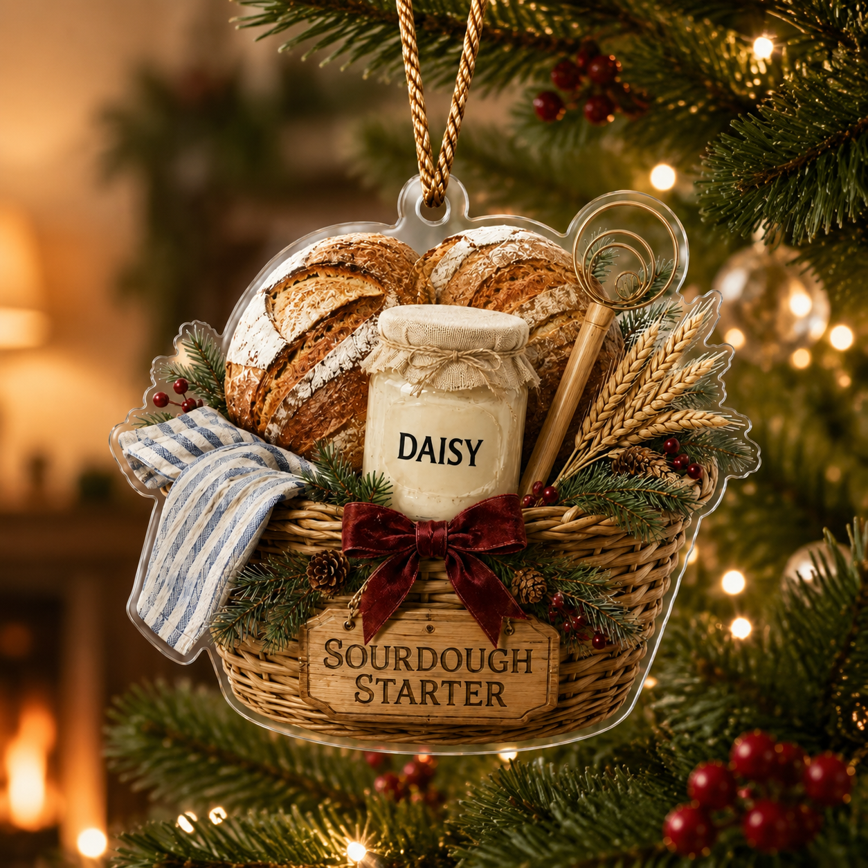 Personalized Sourdough Starter Ornament, Custom Bread Baker Gift, Sourdough Bread Loaf Keepsake,Foodie Christmas Decor, Kitchen Holiday Gift