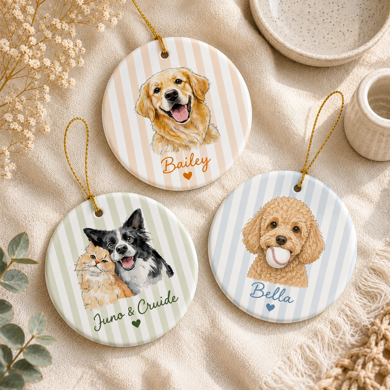 Personalized Pet Portrait Ceramic Ornament, Pet Two-Sided Keepsake, Dog Cat Ornament, Pet Christmas Decor