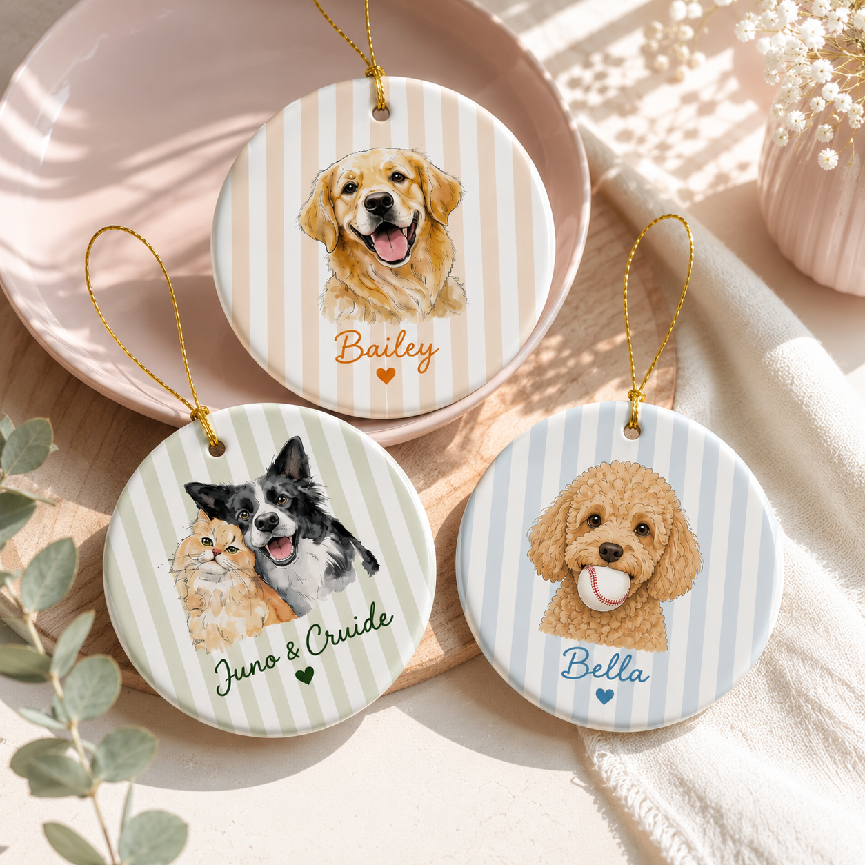 Personalized Pet Portrait Ceramic Ornament, Pet Two-Sided Keepsake, Dog Cat Ornament, Pet Christmas Decor