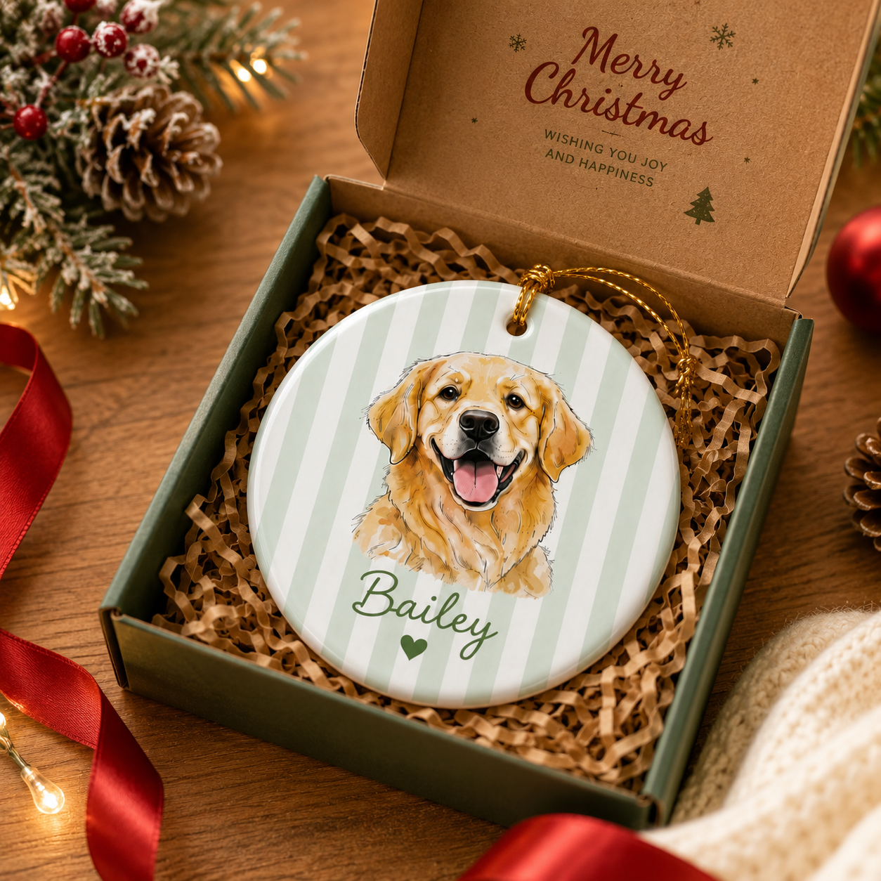 Personalized Pet Portrait Ceramic Ornament, Pet Two-Sided Keepsake, Dog Cat Ornament, Pet Christmas Decor