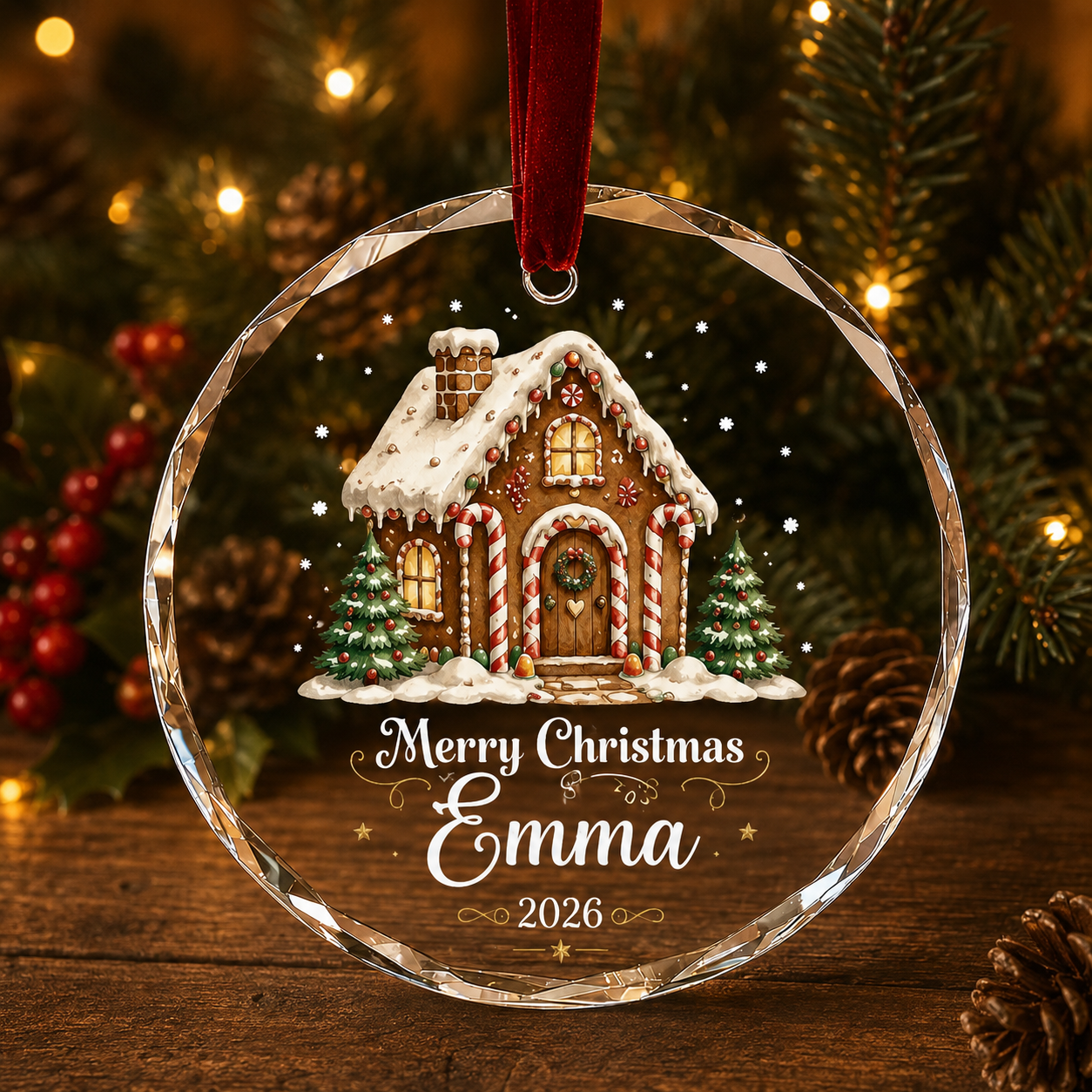 Personalized Gingerbread House Glass Ornament – Custom Name & Year Christmas Keepsake