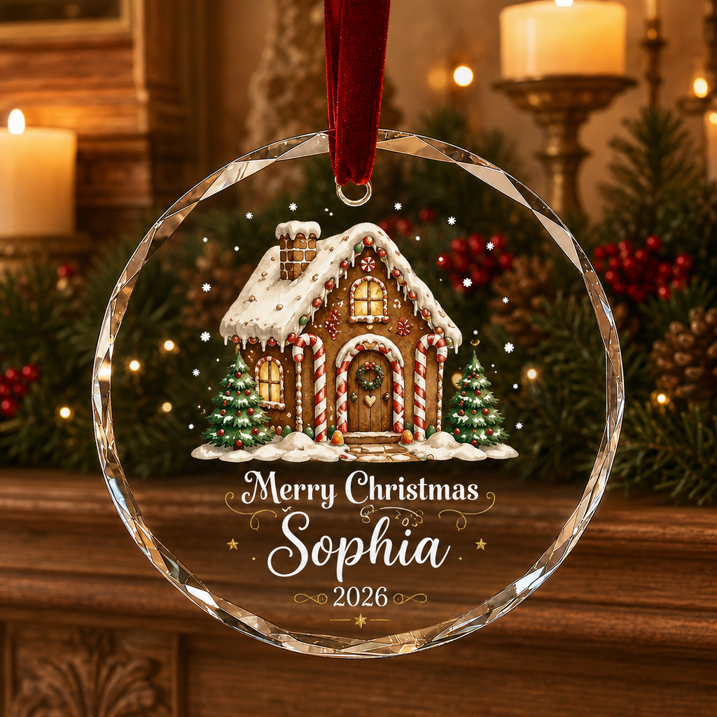 Personalized Gingerbread House Glass Ornament – Custom Name & Year Christmas Keepsake