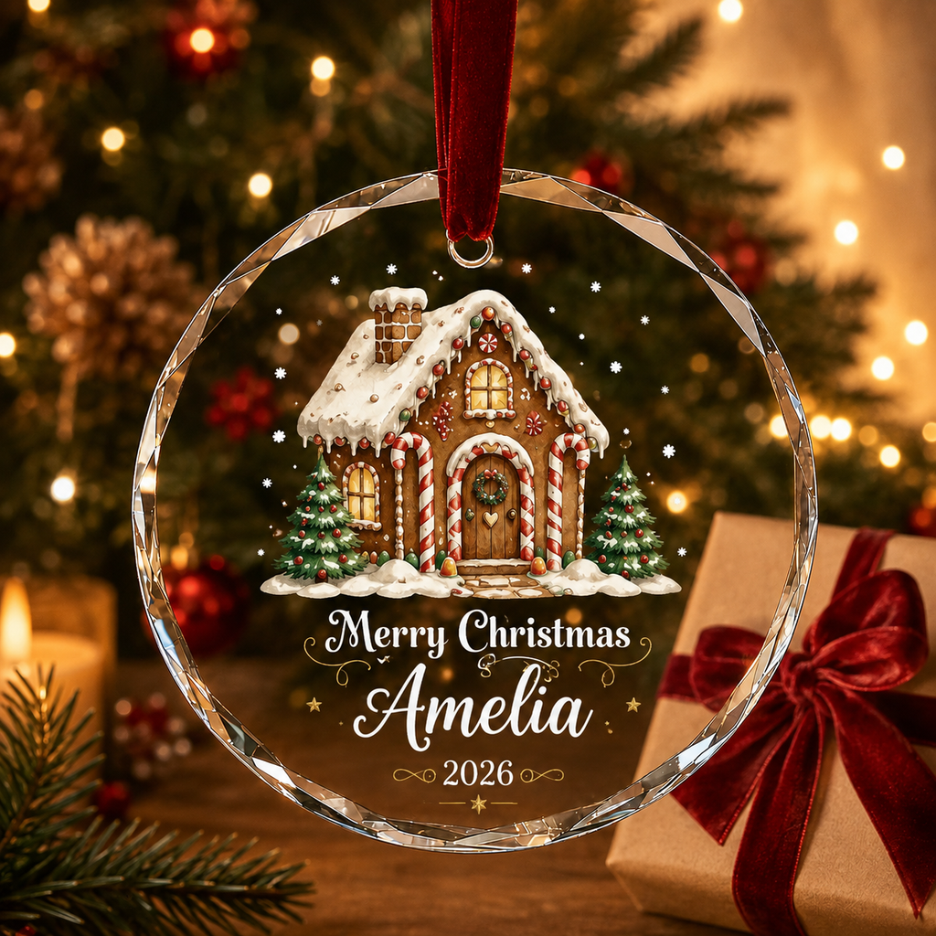 Personalized Gingerbread House Glass Ornament – Custom Name & Year Christmas Keepsake