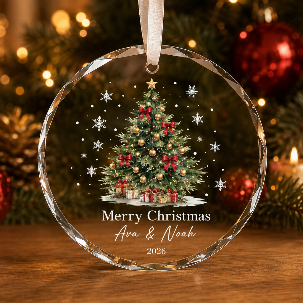Personalized Couple Christmas Tree Glass Ornament – Custom Names & Year Keepsake