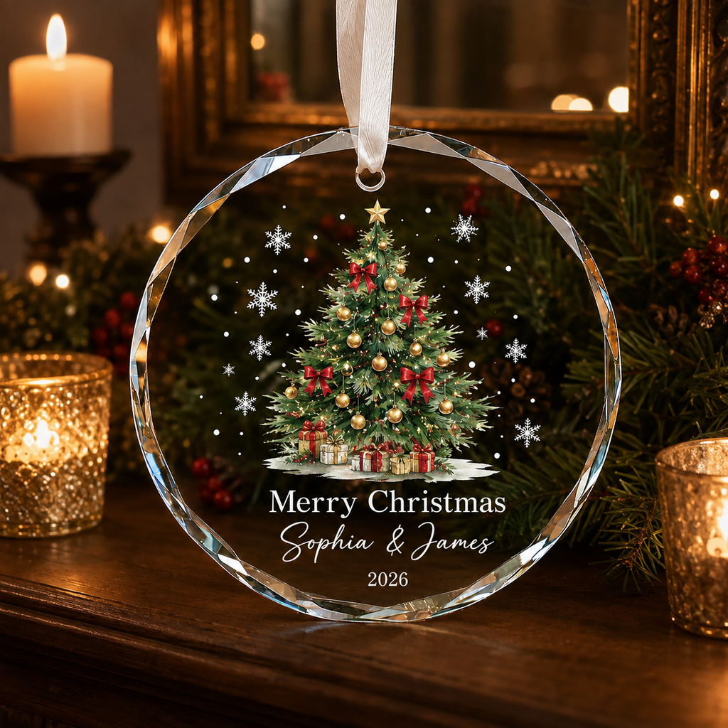 Personalized Couple Christmas Tree Glass Ornament – Custom Names & Year Keepsake