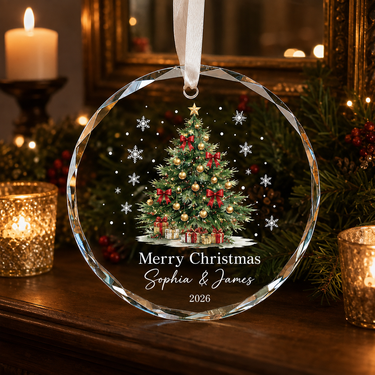 Personalized Couple Christmas Tree Glass Ornament – Custom Names & Year Keepsake