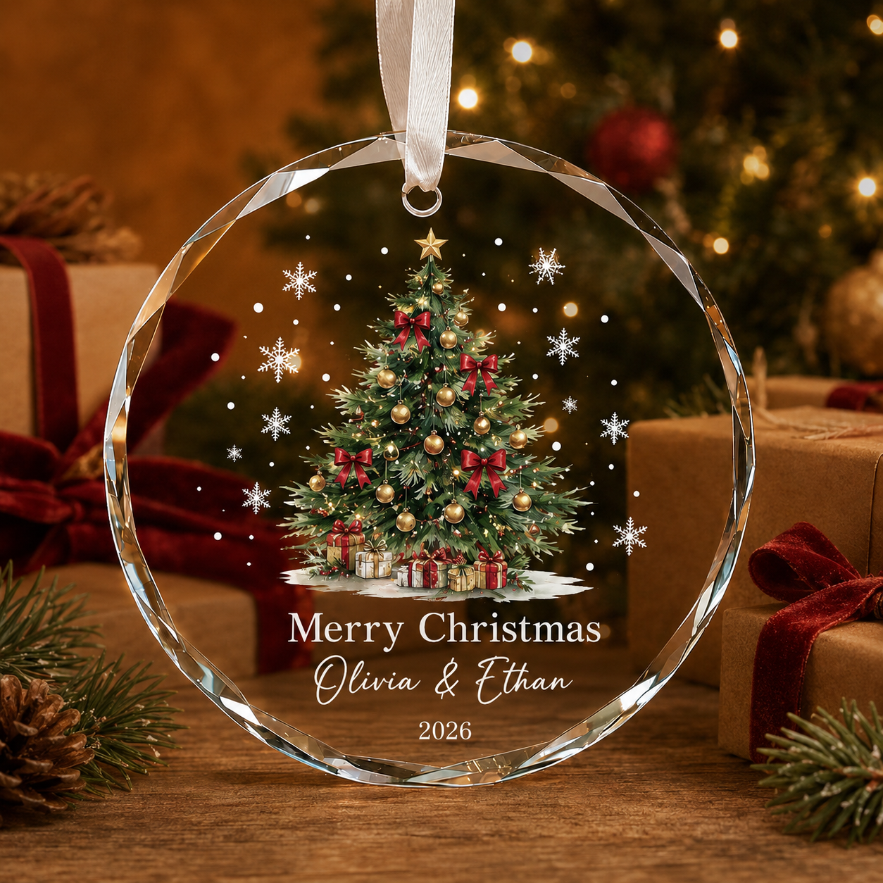 Personalized Couple Christmas Tree Glass Ornament – Custom Names & Year Keepsake