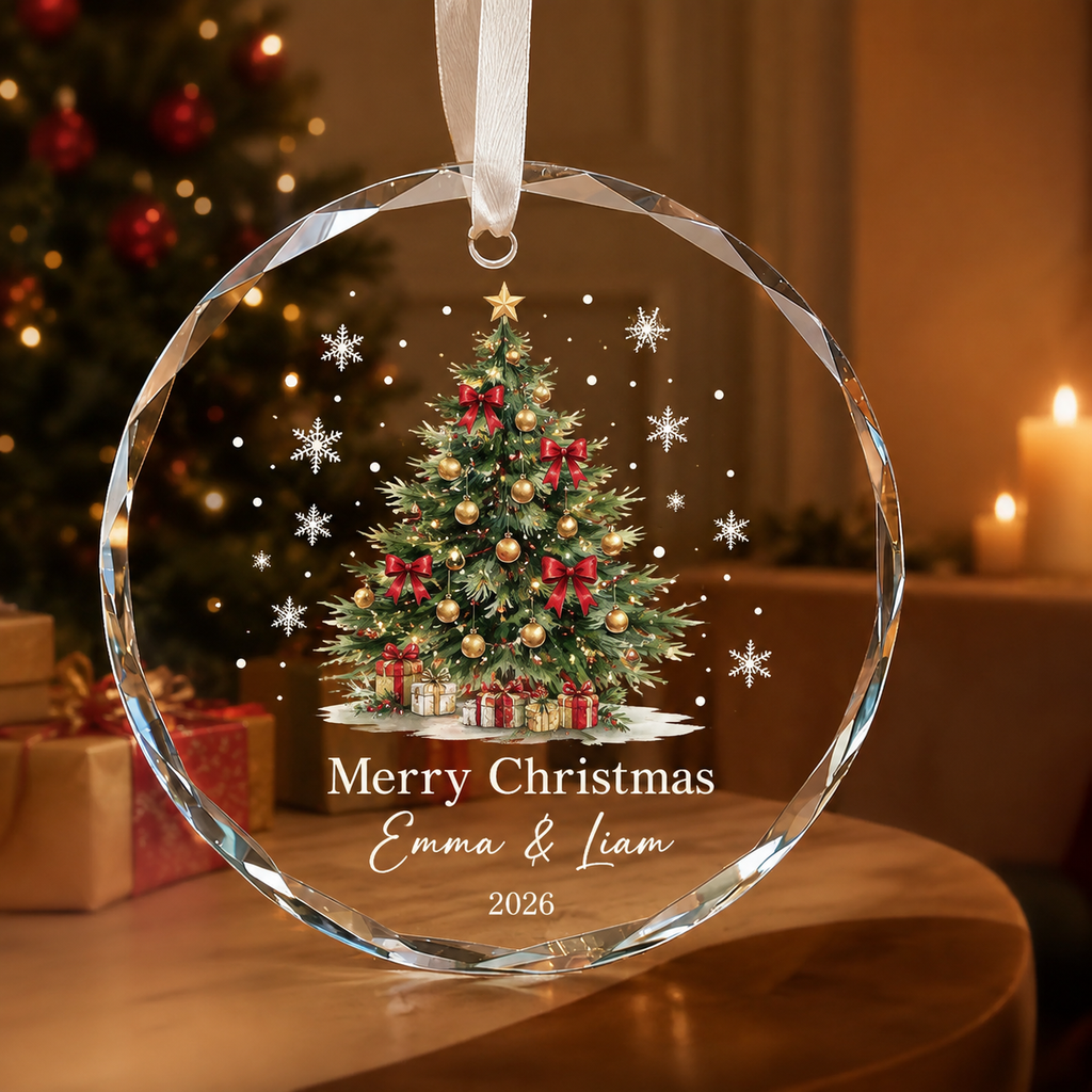 Personalized Couple Christmas Tree Glass Ornament – Custom Names & Year Keepsake
