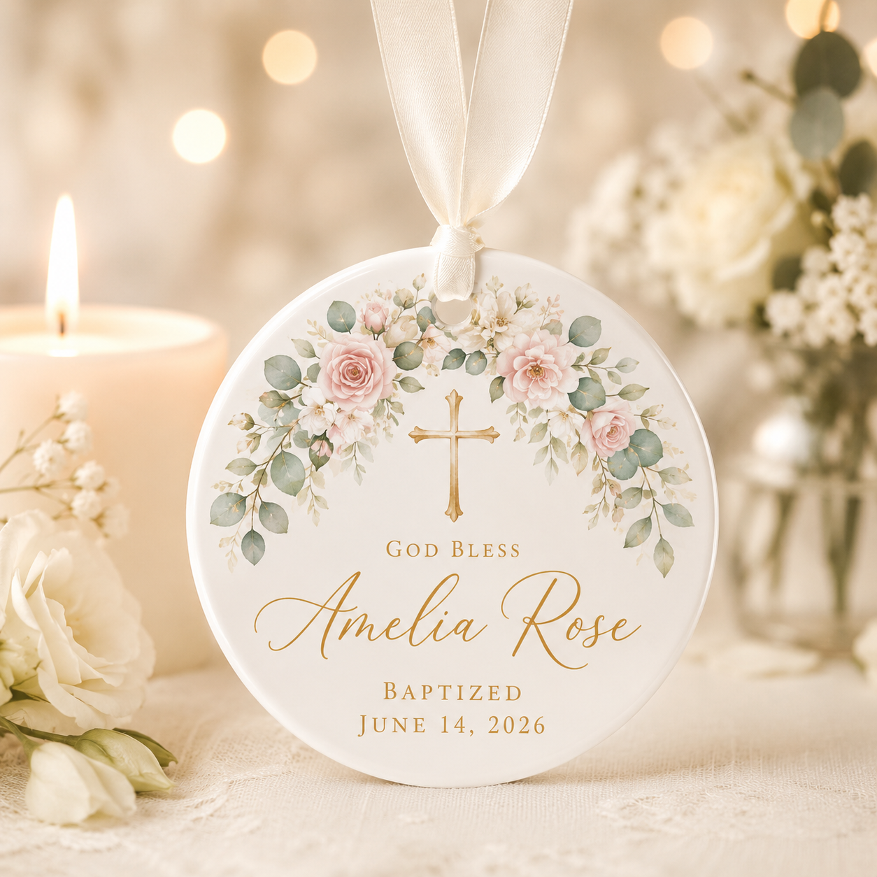 Personalized Baptism Ceramic Ornament – Custom Name & Baptism Date Christian Keepsake