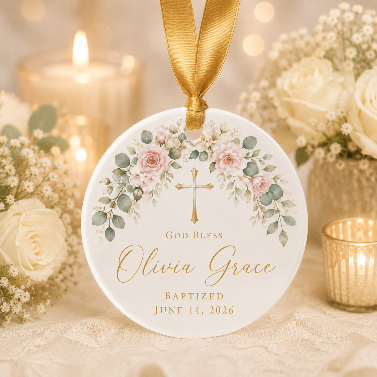 Personalized Baptism Ceramic Ornament – Custom Name & Baptism Date Christian Keepsake
