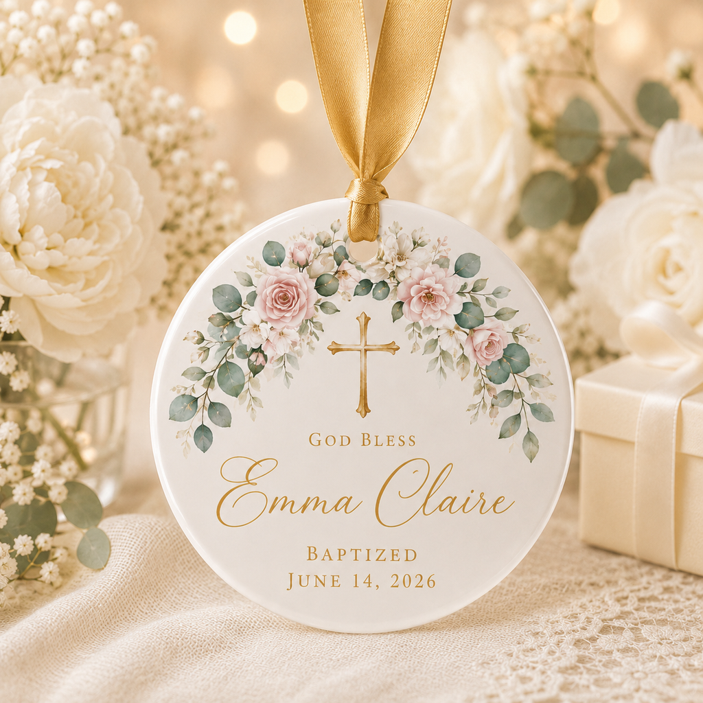 Personalized Baptism Ceramic Ornament – Custom Name & Baptism Date Christian Keepsake