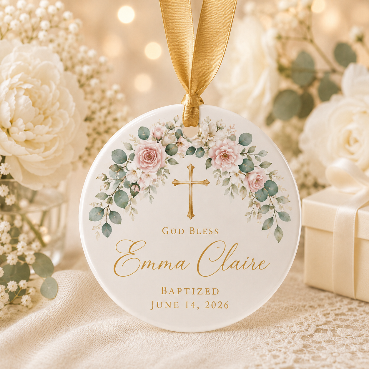 Personalized Baptism Ceramic Ornament – Custom Name & Baptism Date Christian Keepsake