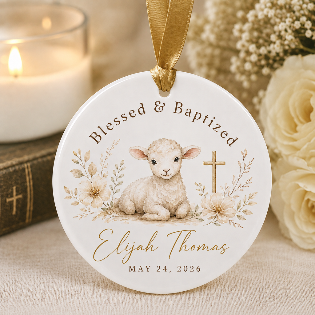 Personalized Lamb Baptism Ceramic Ornament – Custom Name & Date Christian Keepsake