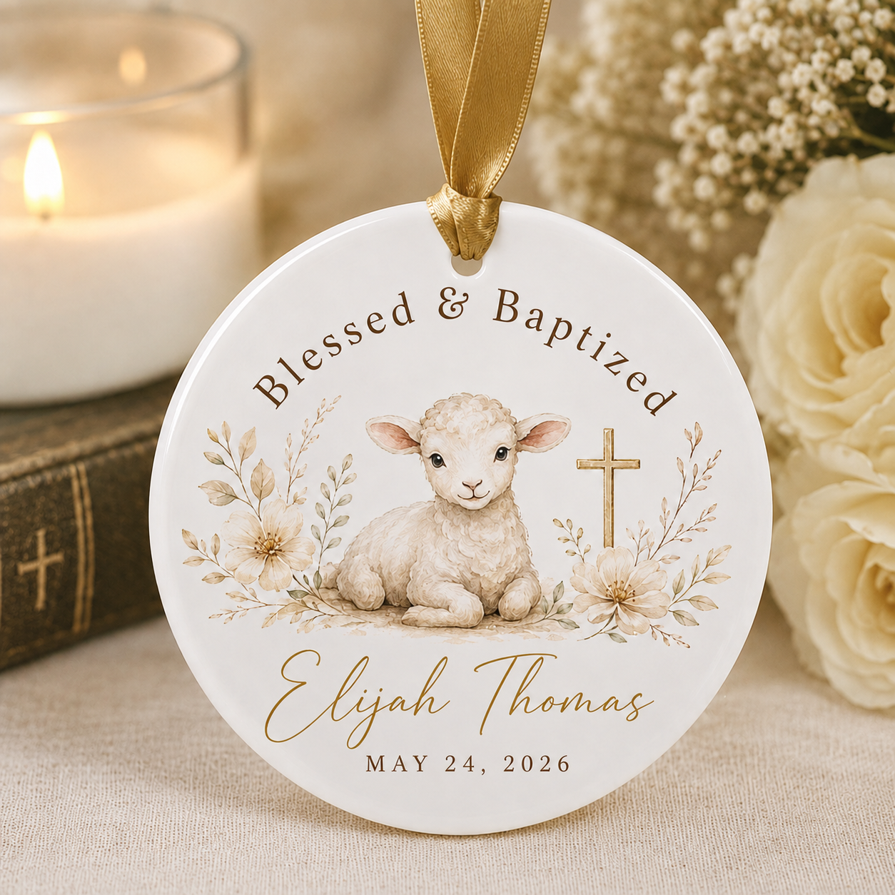 Personalized Lamb Baptism Ceramic Ornament – Custom Name & Date Christian Keepsake