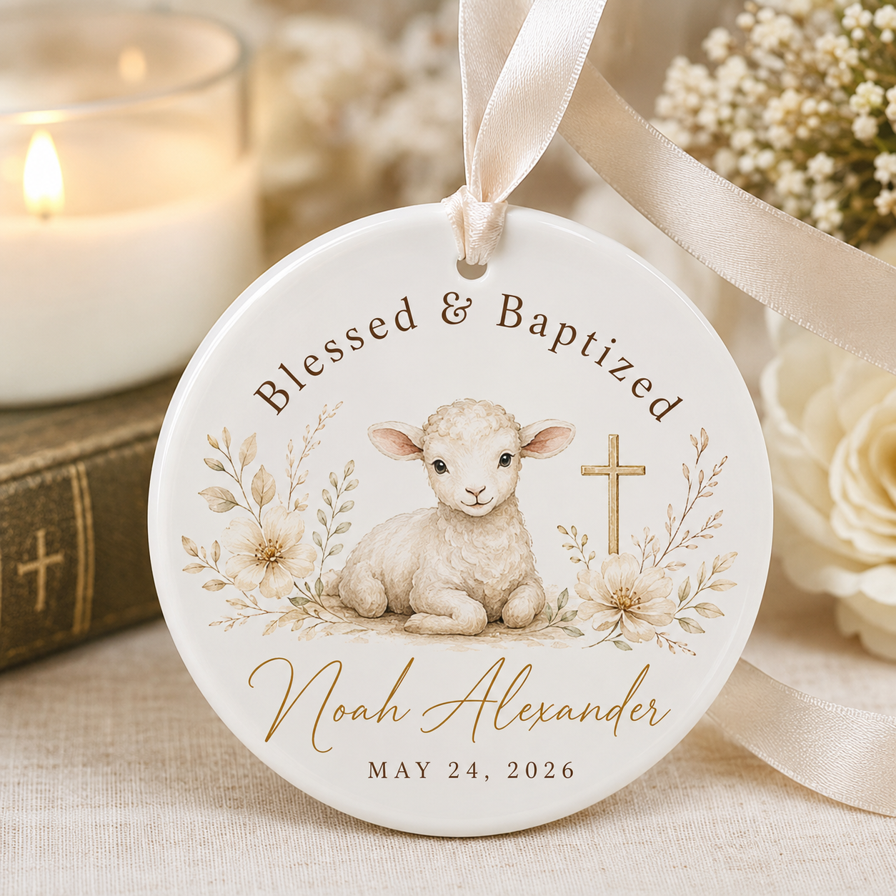 Personalized Lamb Baptism Ceramic Ornament – Custom Name & Date Christian Keepsake