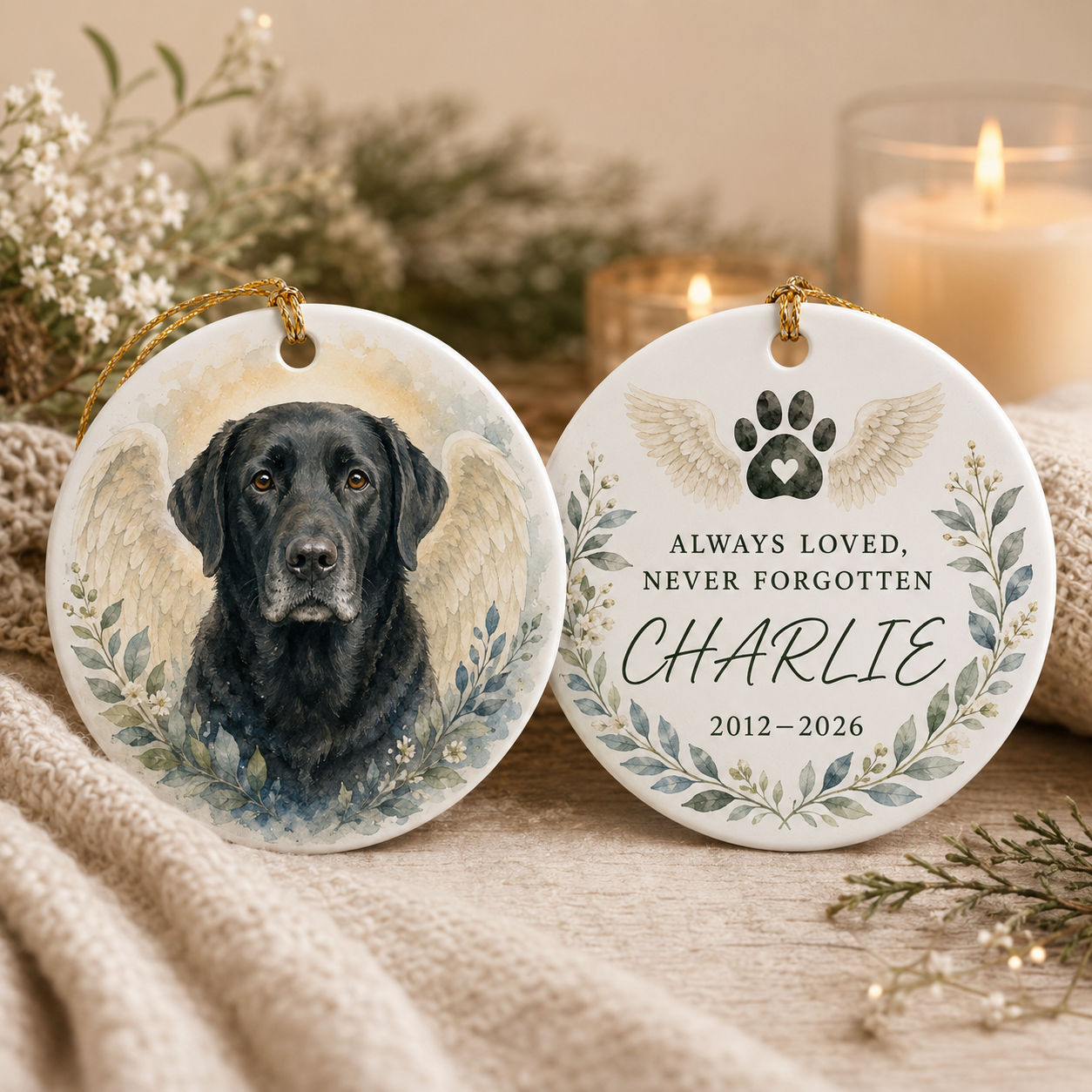 Personalized Angel Wings Pet Memorial Ceramic Ornament, Dog Christmas Keepsake, Dog Lover Gift, Pet Christmas Decor