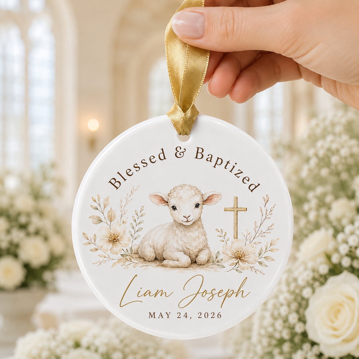 Personalized Lamb Baptism Ceramic Ornament – Custom Name & Date Christian Keepsake